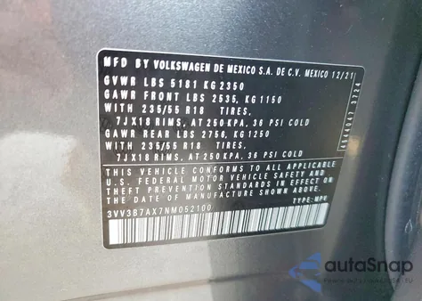 2022 Volkswagen Tiguan Se from USA, damaged, VIN 3VV3B7AX7NM052100